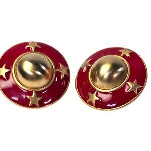 Vintage Ann Taylor Earrings Clip On Red Round Stars Bold 80s Statement Nautical